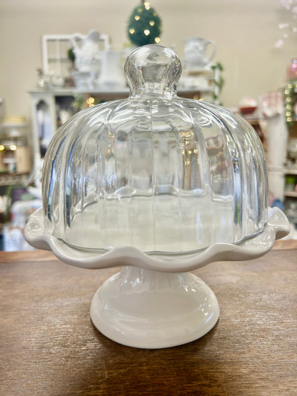 White Cake Stand w/ Dome Italy, 7 3/4"