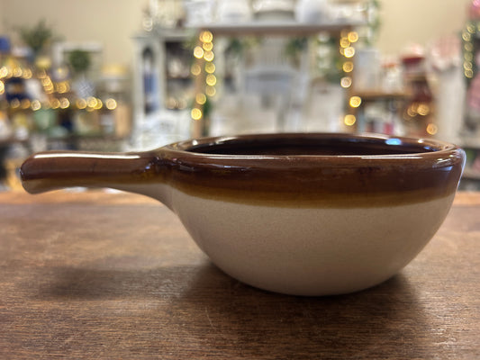 Brown glaze soup crock with side handle and wide round bowl