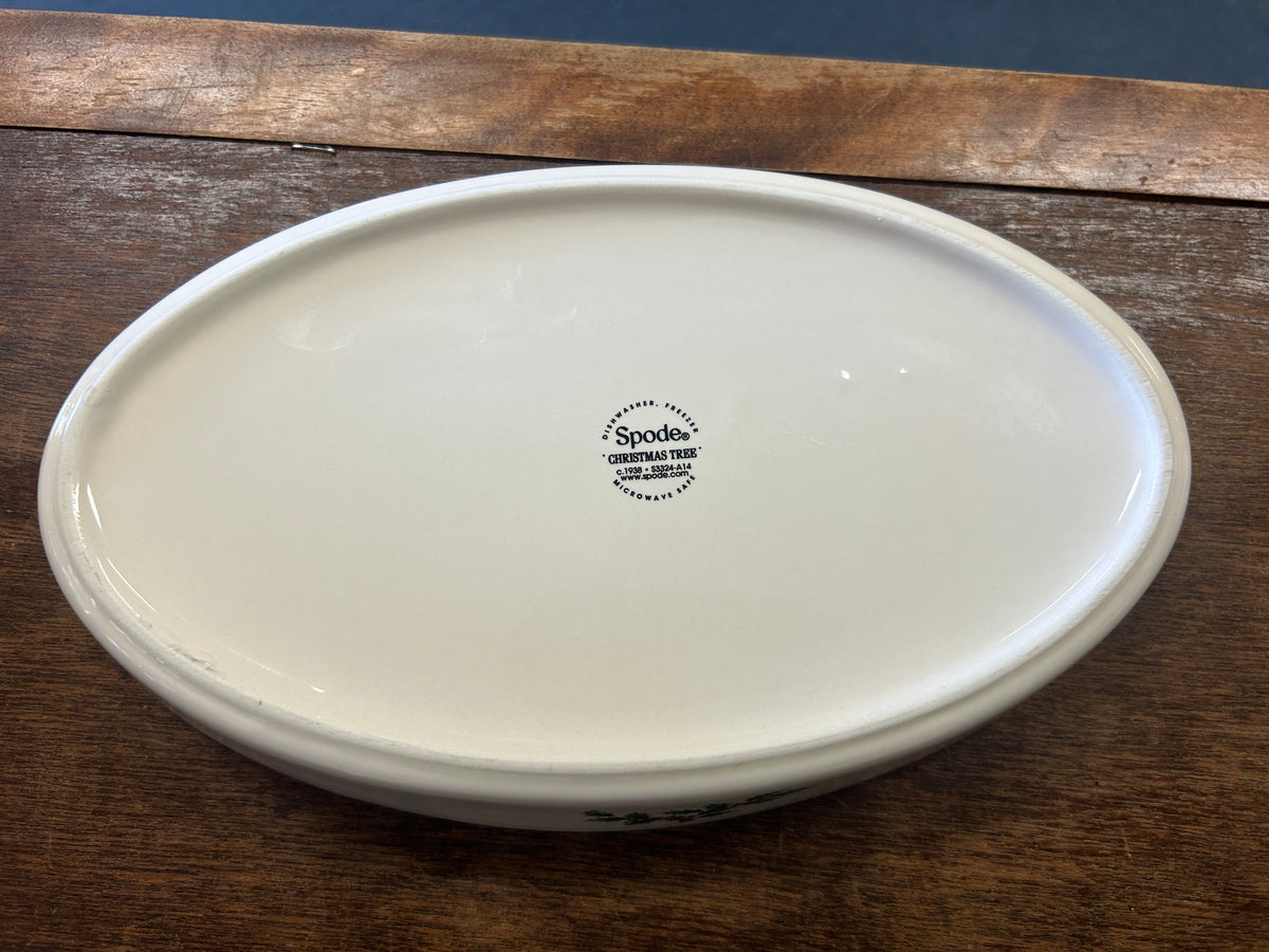Red Green White Spode Christmas Tree Oval Bowl Baker, 10 3/4"