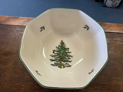 Red Green White Spode Christmas Tree Octagon Bowl, 7 1/2"
