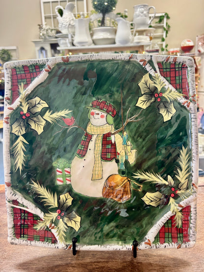 Red Green White Certified International Holiday Lodge Snowman Platter, 11"