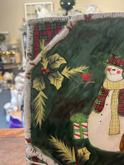 Red Green White Certified International Holiday Lodge Snowman Platter, 11"