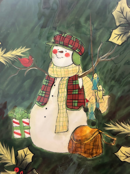 Red Green White Certified International Holiday Lodge Snowman Platter, 11"