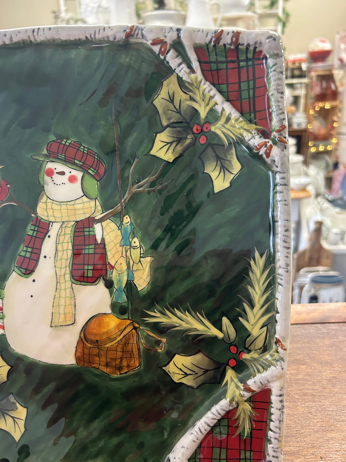 Red Green White Certified International Holiday Lodge Snowman Platter, 11"