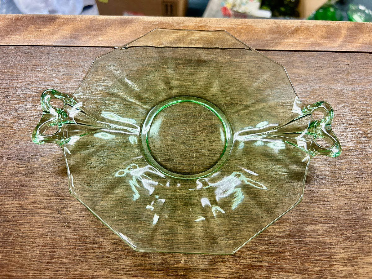 Green Fostoria Uranium Bow Handles Bowl, 8 1/4"