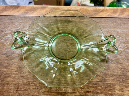 Green Fostoria Uranium Bow Handles Bowl, 8 1/4"
