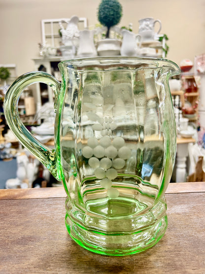 Green Standard Glass Uranium Grapes Pitcher, 8"