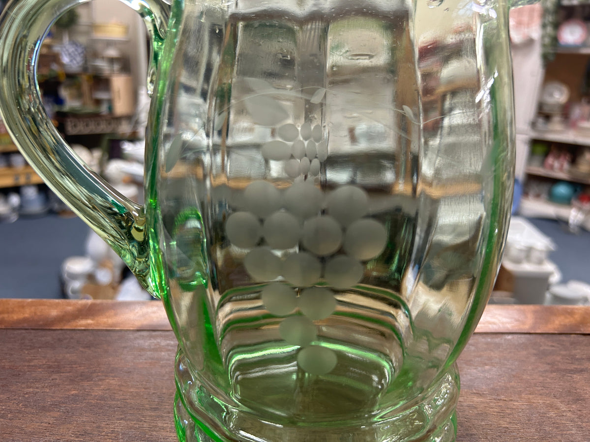 Green Standard Glass Uranium Grapes Pitcher, 8"