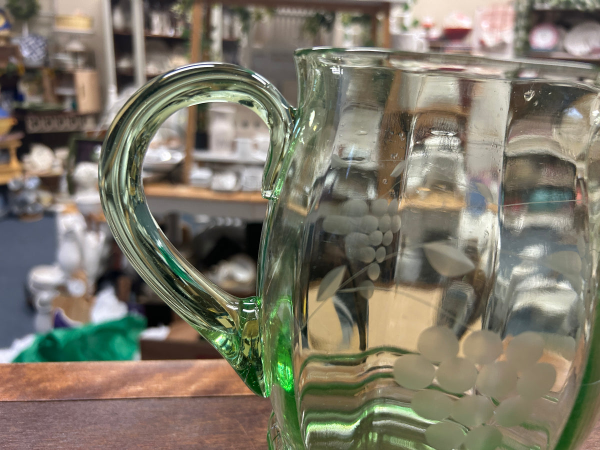 Green Standard Glass Uranium Grapes Pitcher, 8"