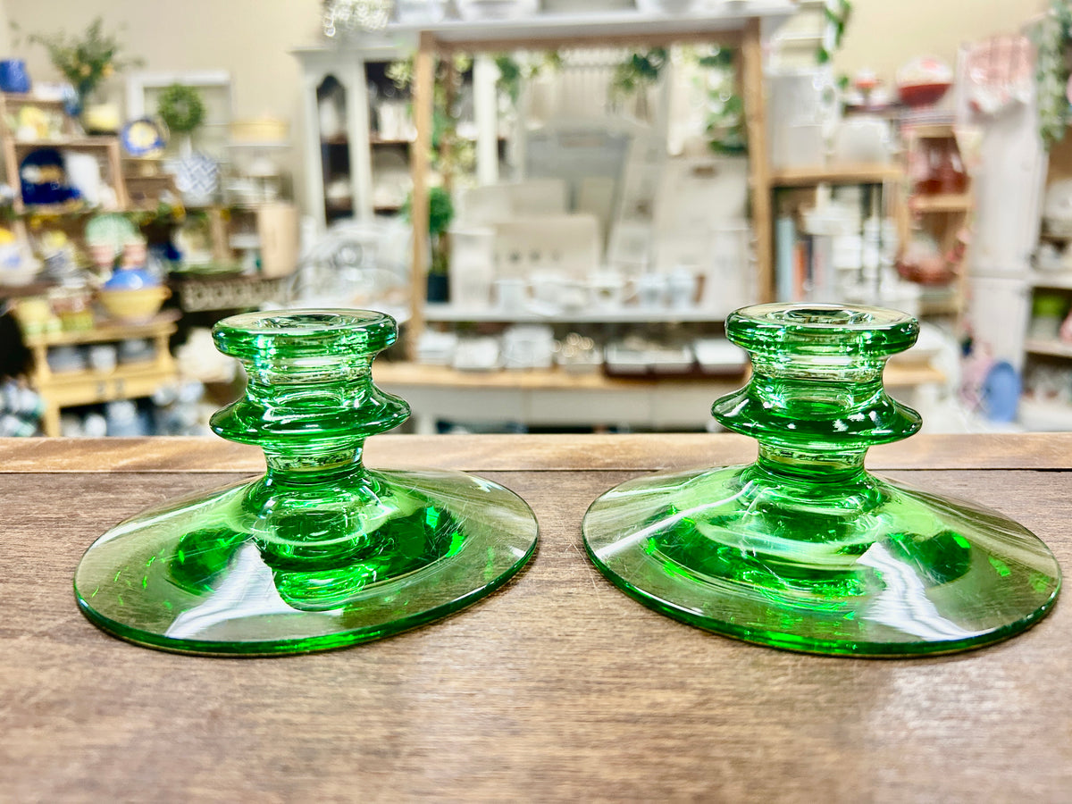 Green Fostoria Uranium Candlestick Holders 2, 4 1/4"