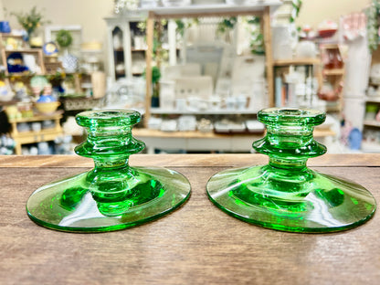Green Fostoria Uranium Candlestick Holders 2, 4 1/4"