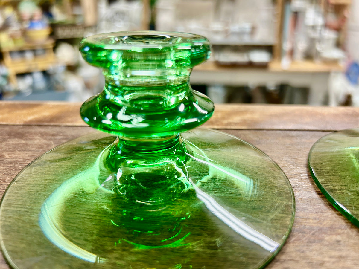Green Fostoria Uranium Candlestick Holders 2, 4 1/4"