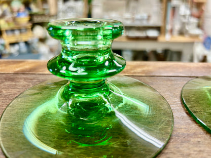 Green Fostoria Uranium Candlestick Holders 2, 4 1/4"