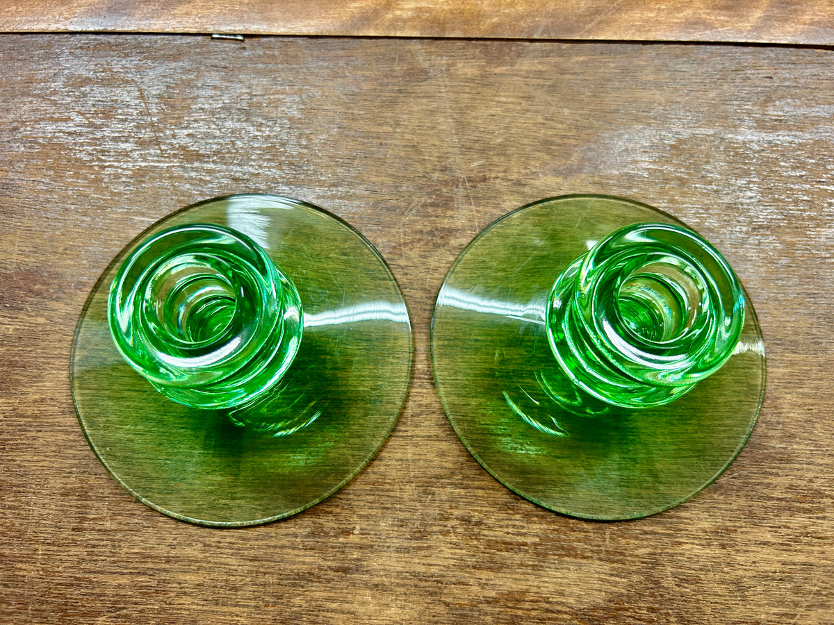 Green Fostoria Uranium Candlestick Holders 2, 4 1/4"