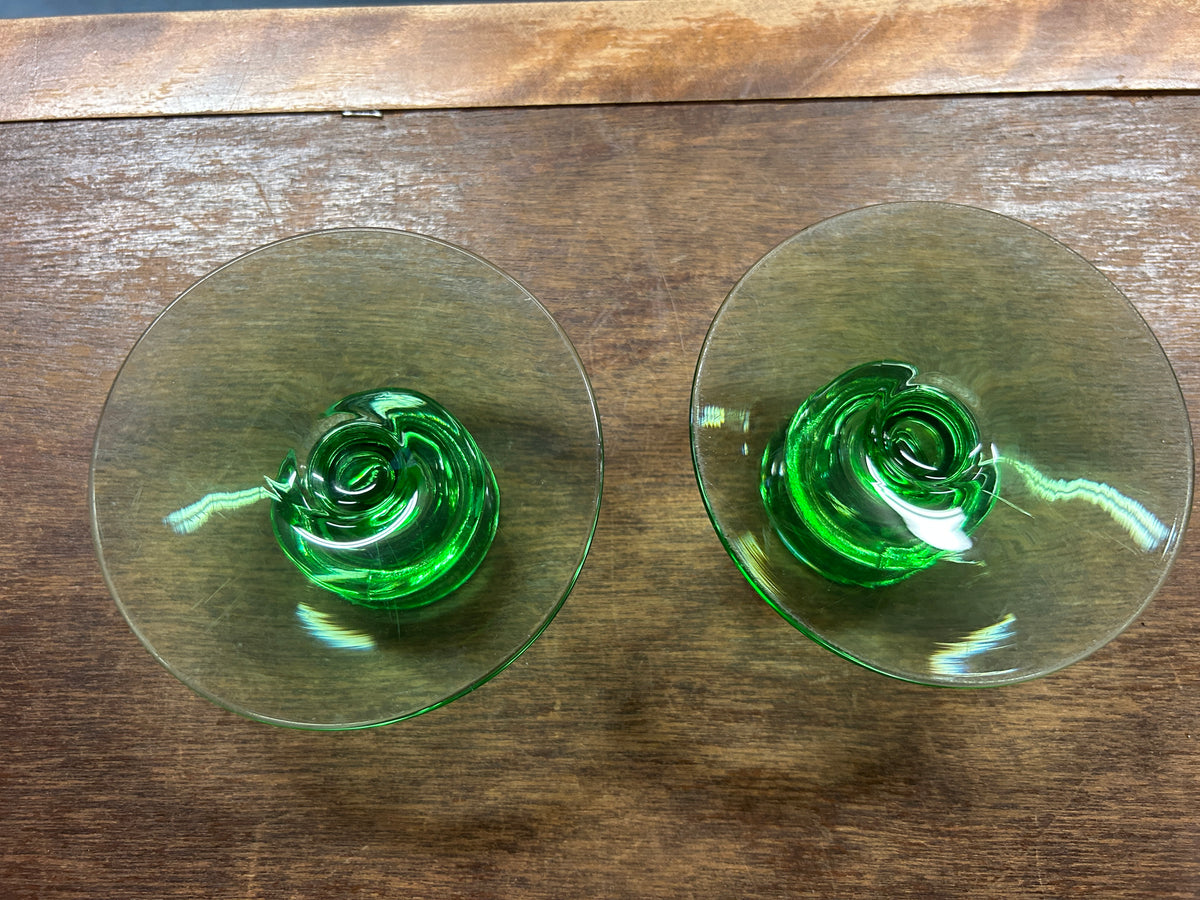 Green Fostoria Uranium Candlestick Holders 2, 4 1/4"