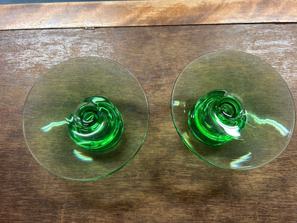 Green Fostoria Uranium Candlestick Holders 2, 4 1/4"