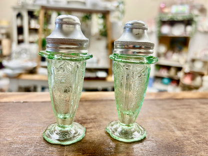 Jeannette Glass Co Flower Etched Green S & P, 4"