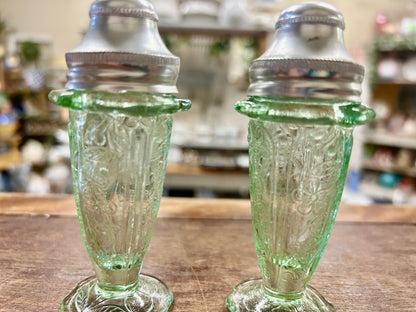 Jeannette Glass Co Flower Etched Green S & P, 4"