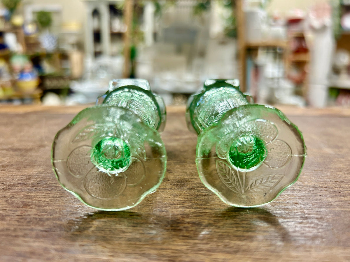 Jeannette Glass Co Flower Etched Green S & P, 4"