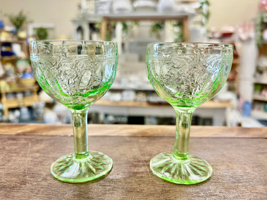 Green Hocking Glass Uranium Cameo Ballerina 2 pcs, 4"