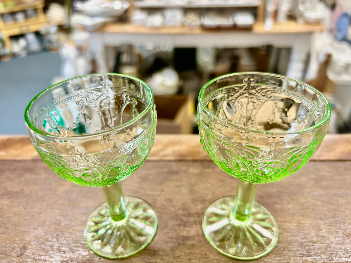 Green Hocking Glass Uranium Cameo Ballerina 2 pcs, 4"