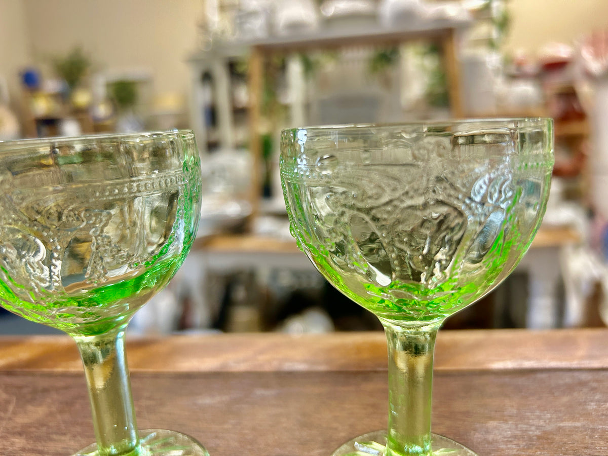 Green Hocking Glass Uranium Cameo Ballerina 2 pcs, 4"