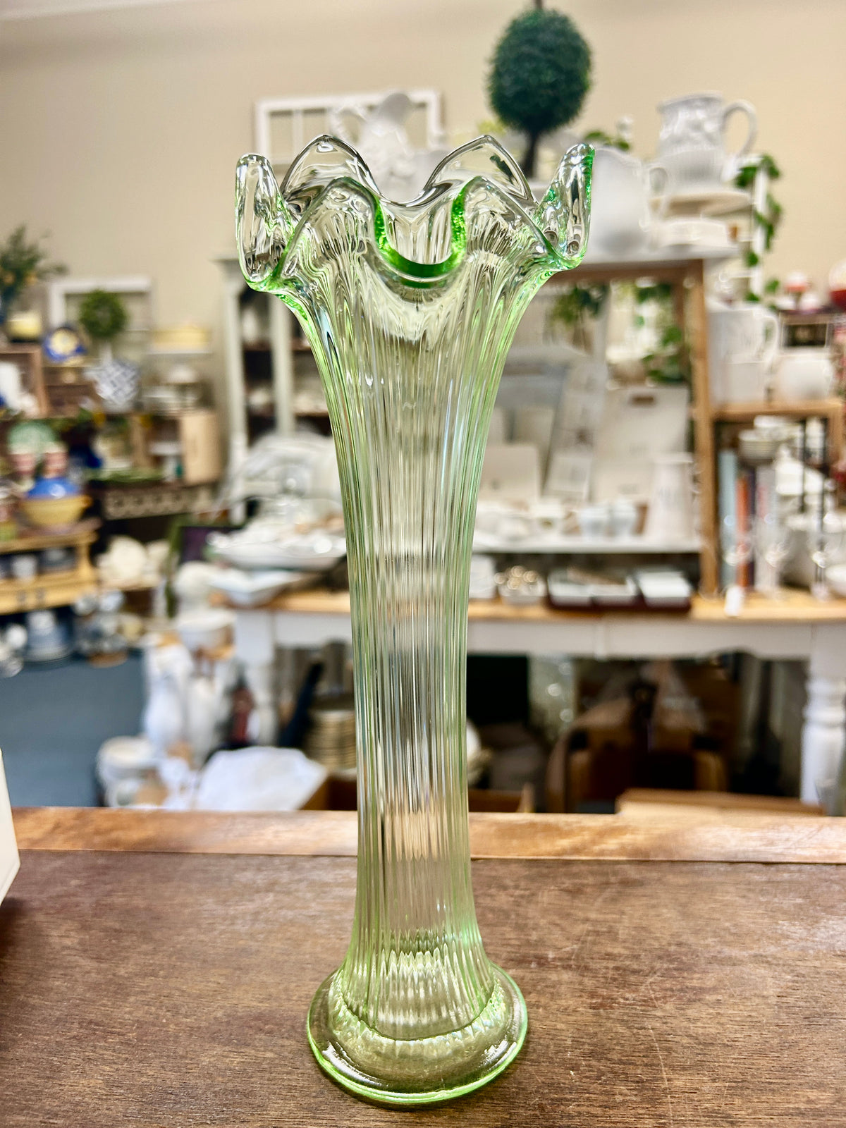 Green Fenton Uranium Swung 6 Rib Vase, 10 1/2"