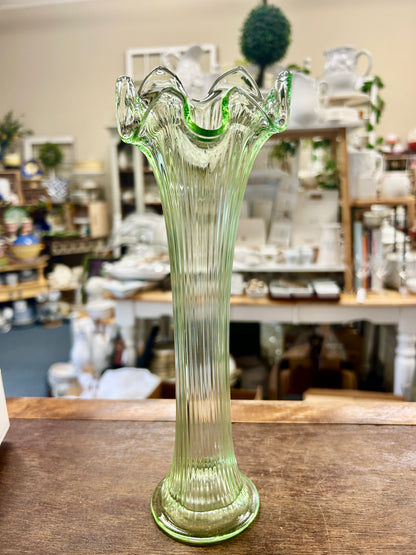 Green Fenton Uranium Swung 6 Rib Vase, 10 1/2"