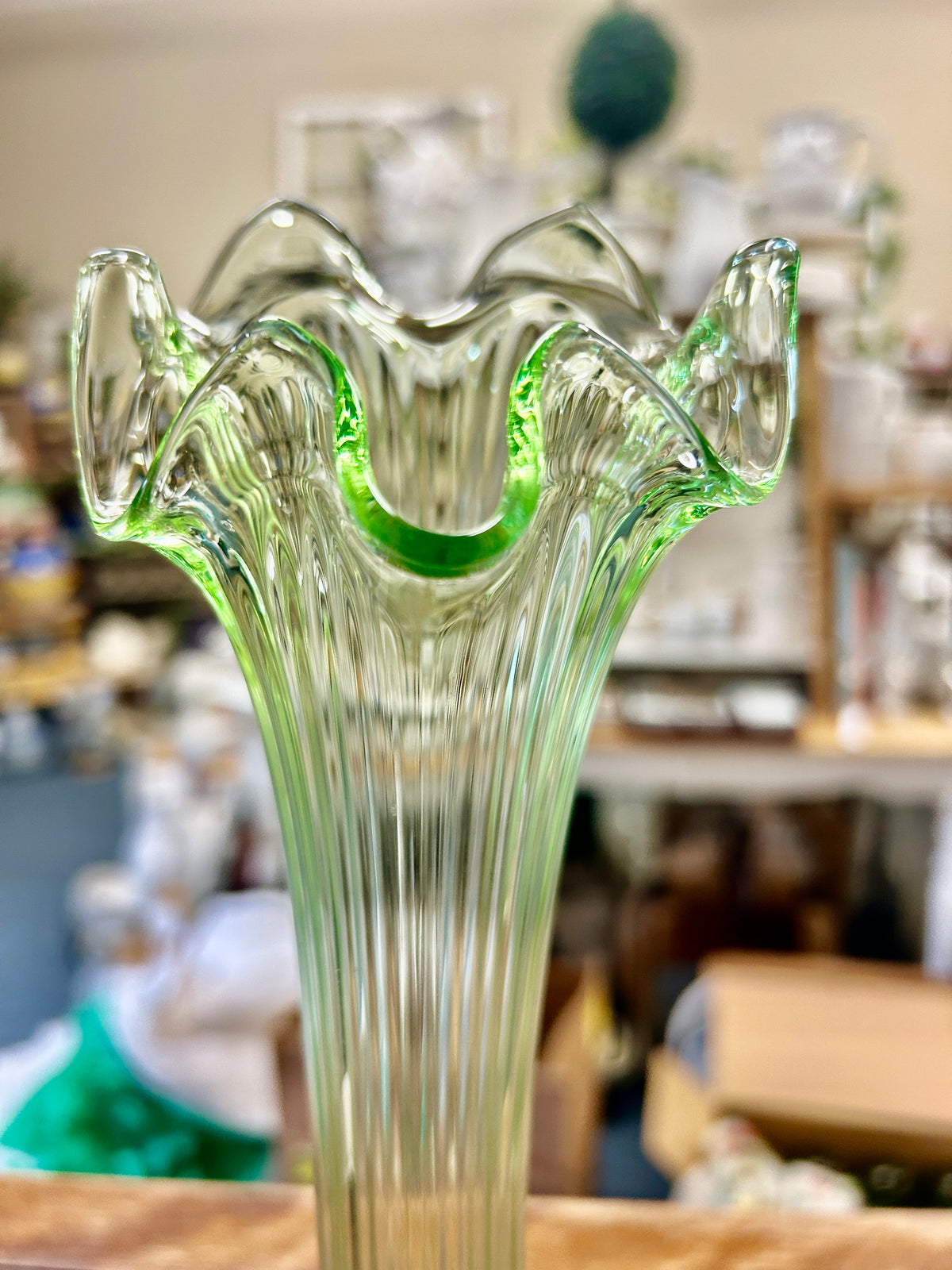 Green Fenton Uranium Swung 6 Rib Vase, 10 1/2"