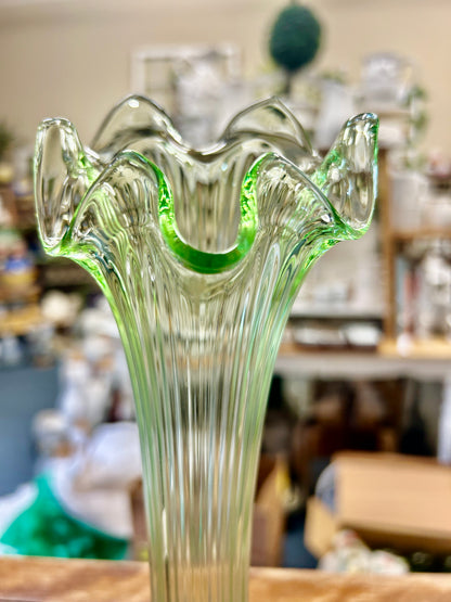 Green Fenton Uranium Swung 6 Rib Vase, 10 1/2"