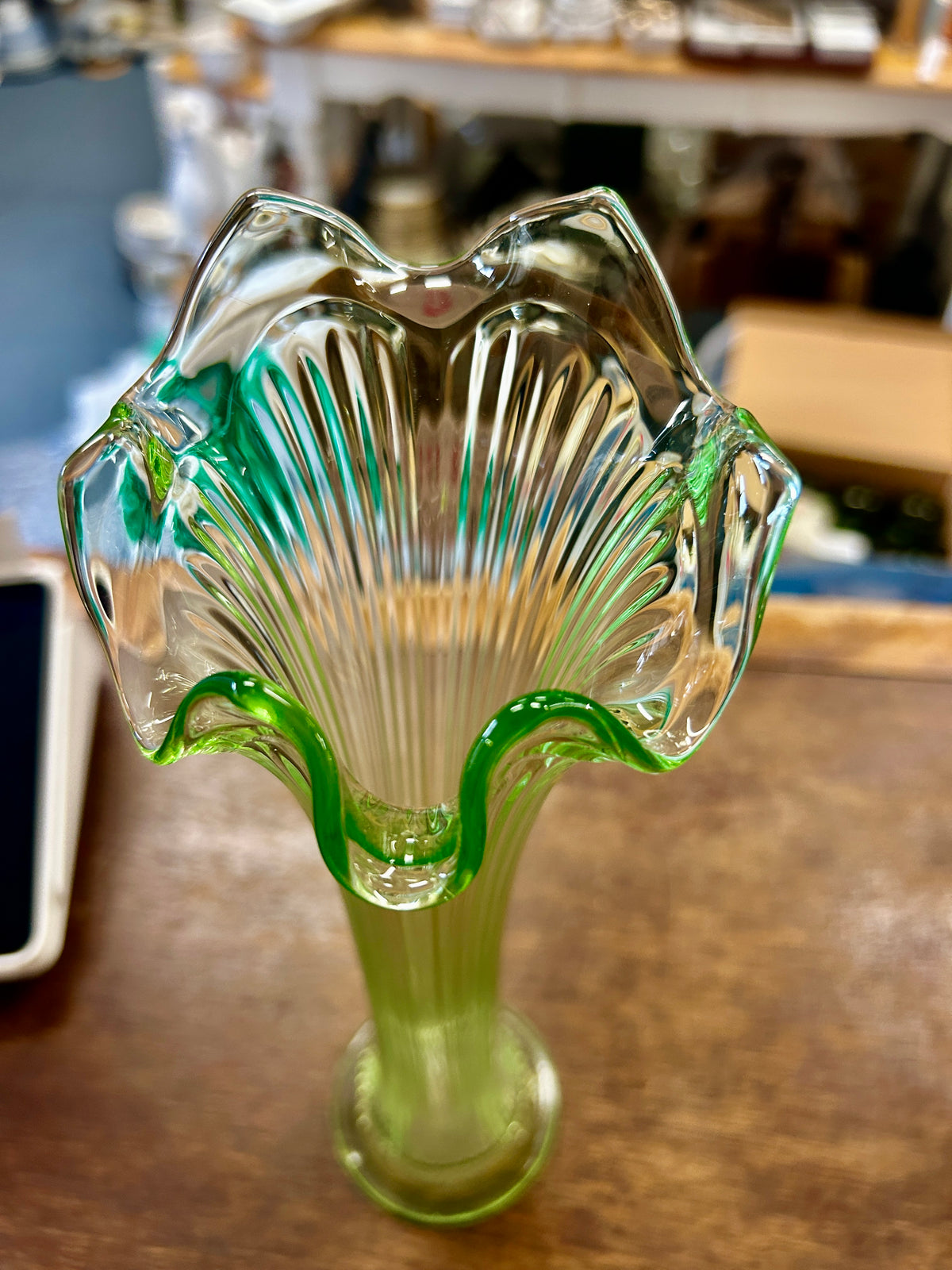 Green Fenton Uranium Swung 6 Rib Vase, 10 1/2"