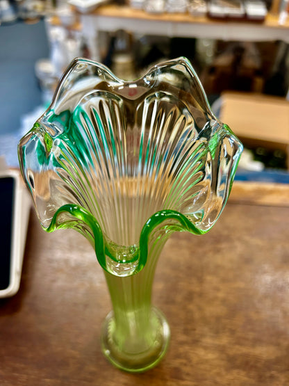 Green Fenton Uranium Swung 6 Rib Vase, 10 1/2"