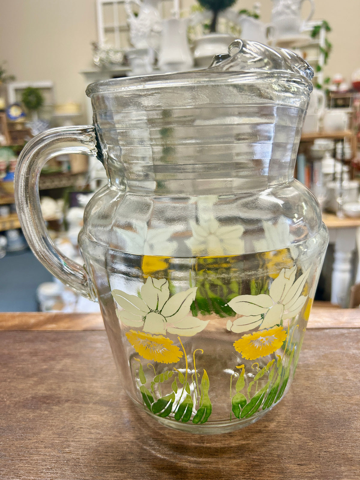 Yellow & Green Anchor Hocking Daffodil Clear Pitcher, 9"