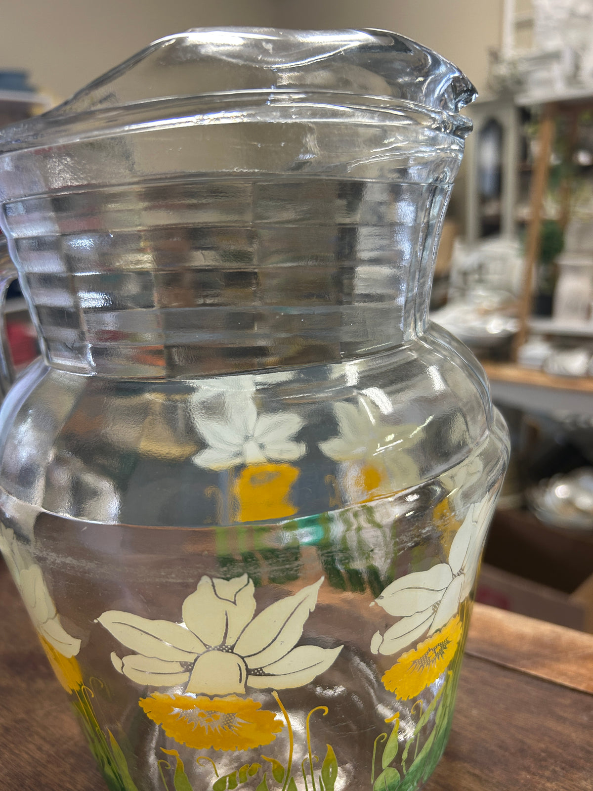 Yellow & Green Anchor Hocking Daffodil Clear Pitcher, 9"