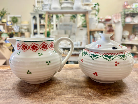 Red Green White Portmeirion China Christmas Sugar & Creamer Set, 5"