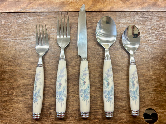 5-piece silverware set, blue floral handles with polished stainless heads