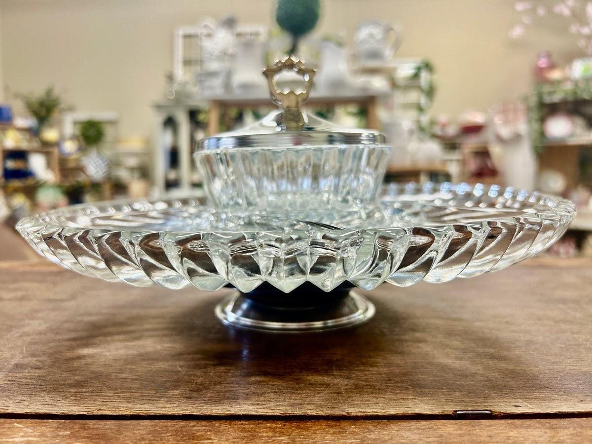 Clear Kromex Glass Lazy Susan w/ Bowl & Lid, 12"