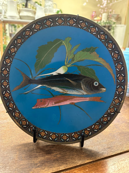 Japan Meiji Cloisonne Fish Plate, 9.5"