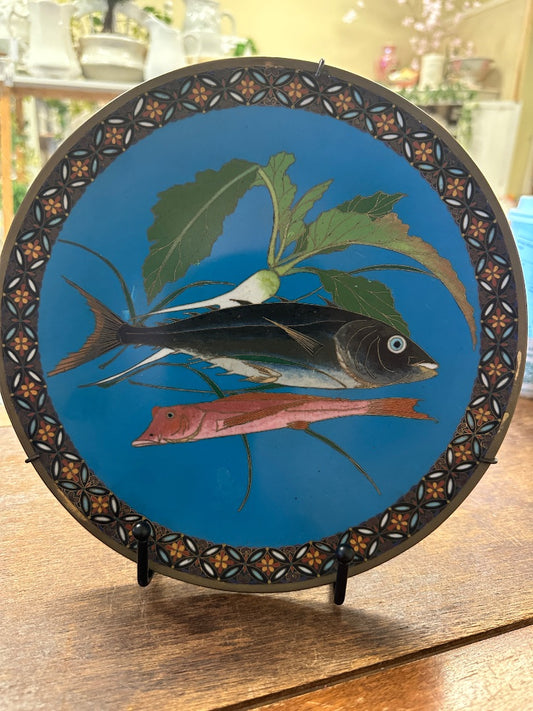 Japan Meiji Cloisonne Fish Plate, 9.5"