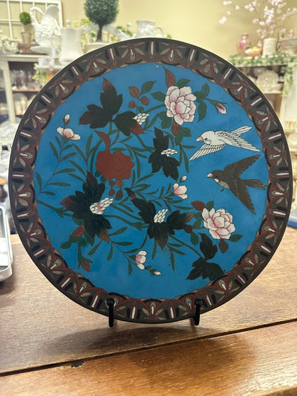 Japan Meiji Cloisonne Bird Flower Platter, 12"
