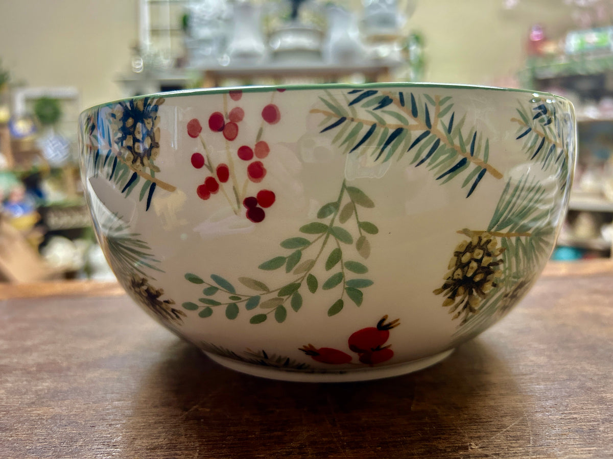 Red Green White  Winter Pine Cones Bowl, 8"