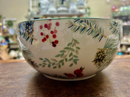 Red Green White  Winter Pine Cones Bowl, 8"