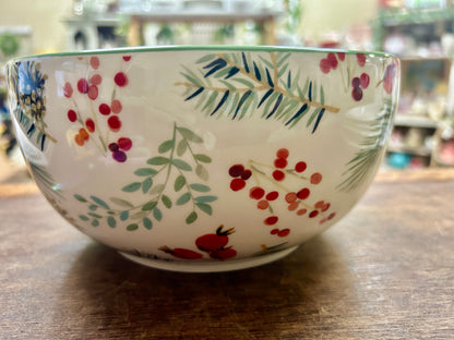 Red Green White  Winter Pine Cones Bowl, 8"