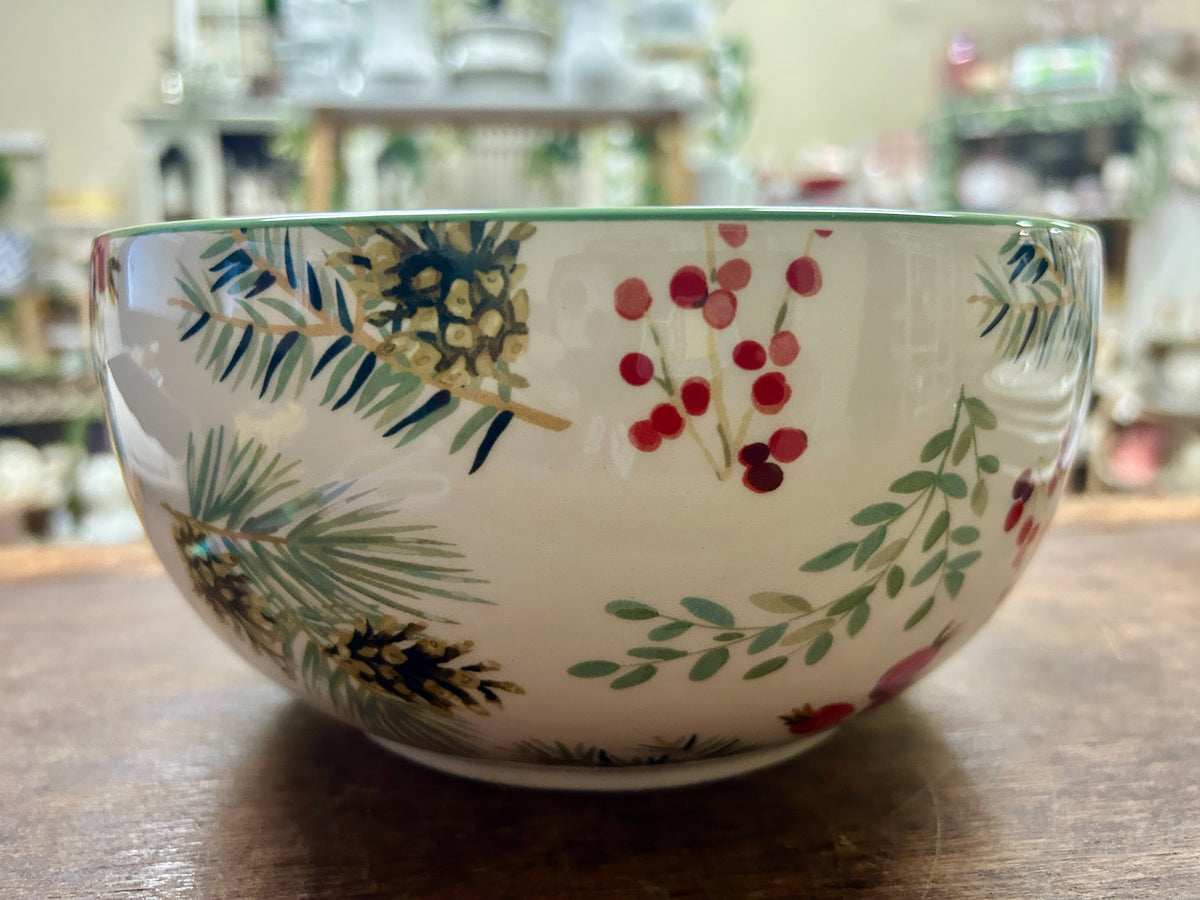 Red Green White  Winter Pine Cones Bowl, 8"