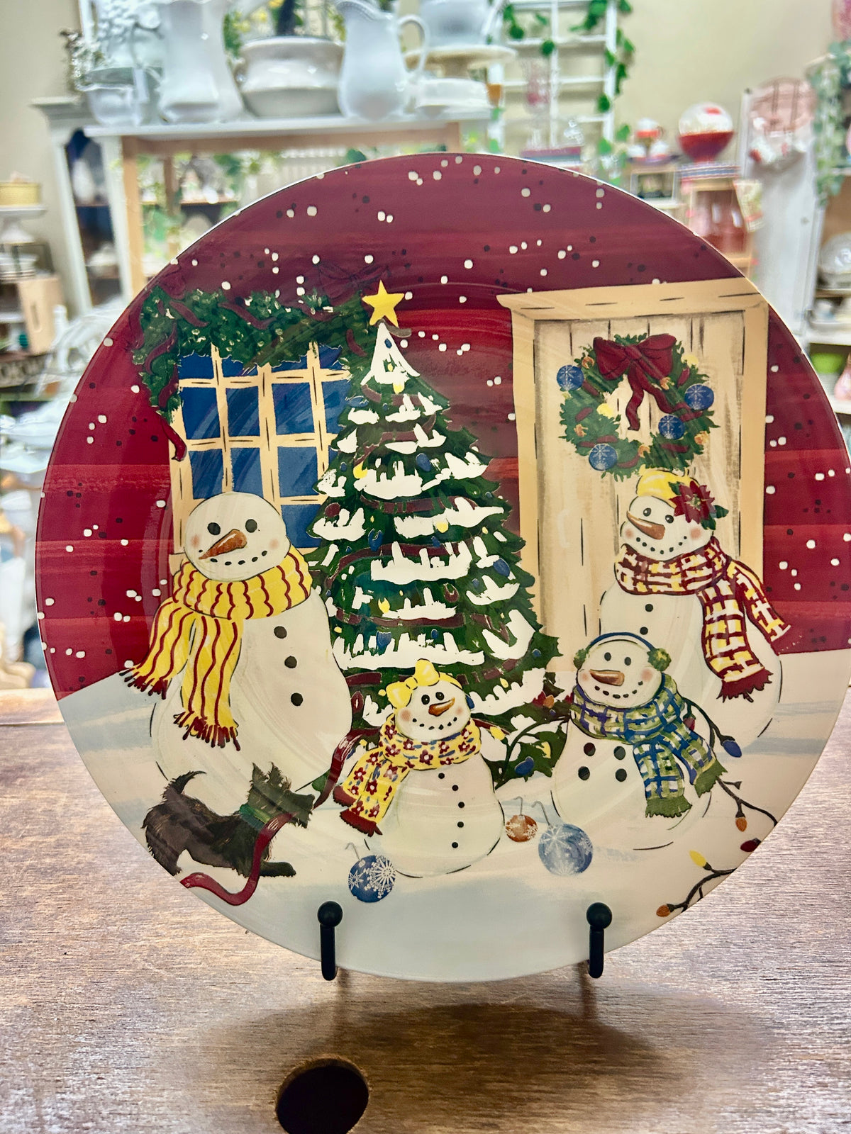 Red Green White Nantucket Home Christmas Snowman Scottie Plate, 10 1/4"
