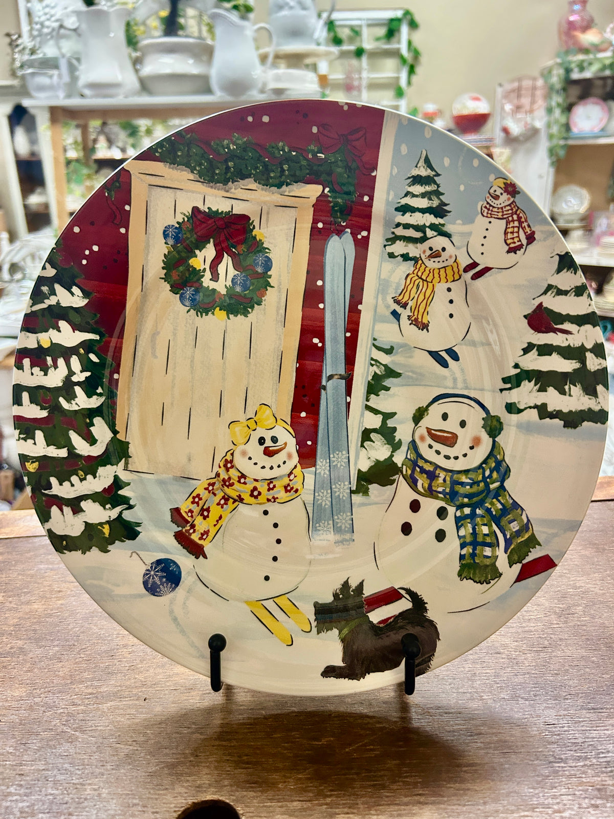 Red Green White Nantucket Home Christmas Snowman Scottie Plate, 10 1/4"