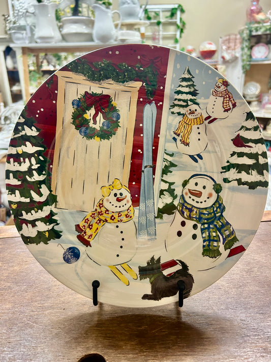 Red Green White Nantucket Home Christmas Snowman Scottie Plate, 10 1/4"