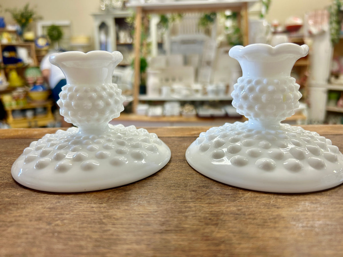 White Fenton Hobnail Milk Glass Candleholders 2, 3 1/4"