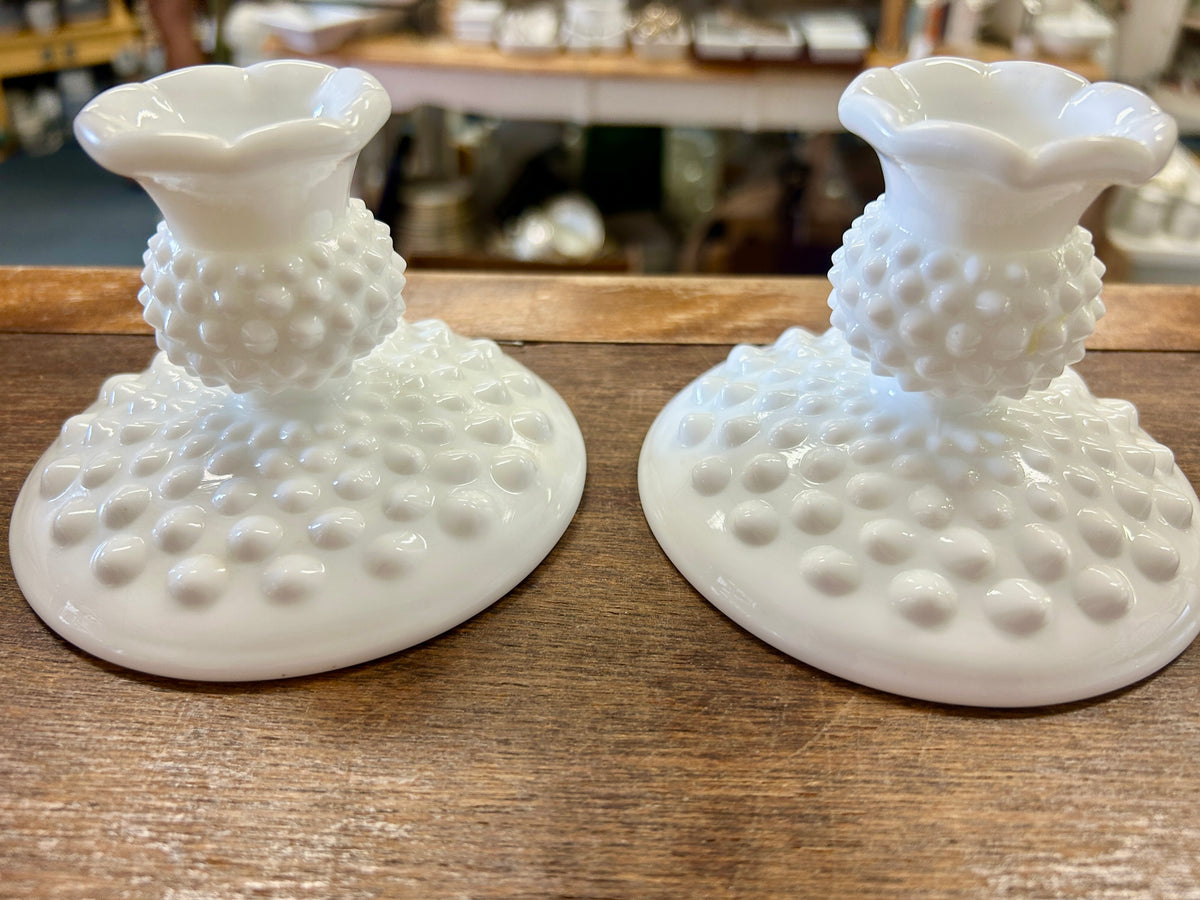 White Fenton Hobnail Milk Glass Candleholders 2, 3 1/4"