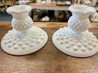 White Fenton Hobnail Milk Glass Candleholders 2, 3 1/4"
